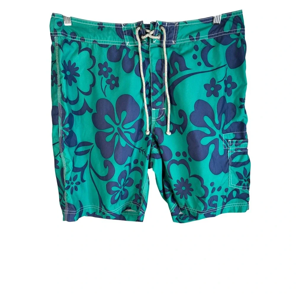 J. Crew Men's Teal Navy Blue Tropical Floral Swim Trunks Board Shorts Size‎ 36